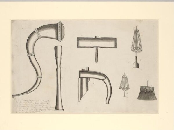 Unknown, One of seven sheets of drawings depicting implements and musical instruments.