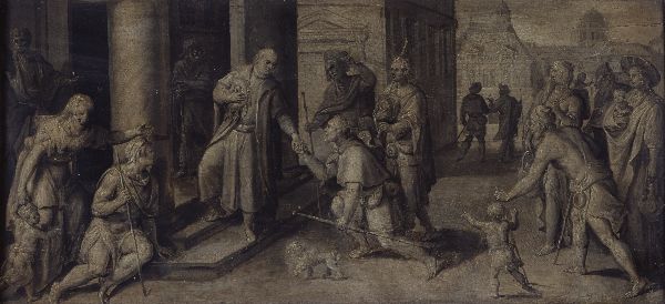 Maerten de Vos, Saint Luke Giving three Pilgrims Alms
