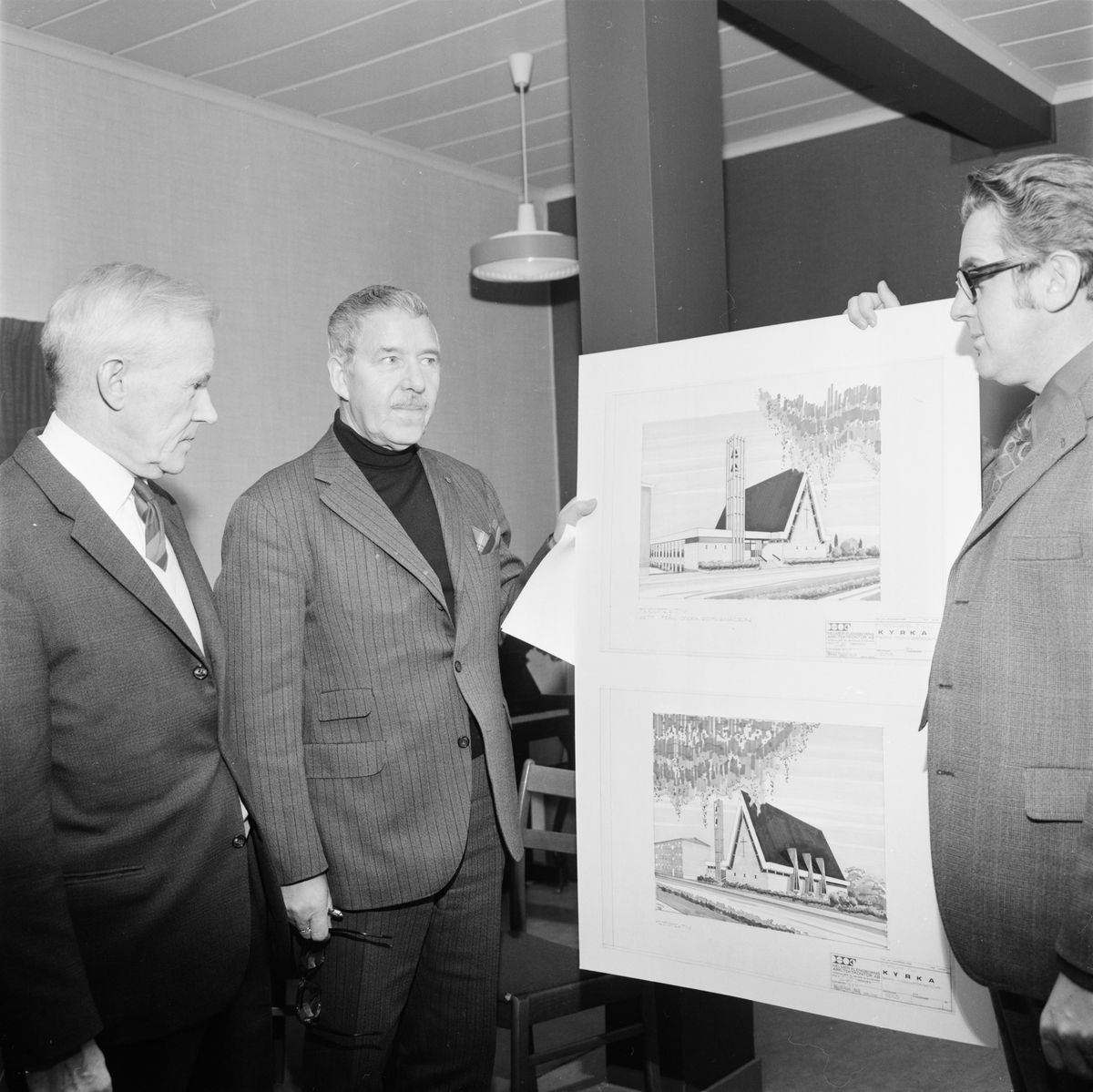 Tierp Arbetarbladet, Innetorg and steel stack in new church building, Tierp, Uppland, November 1971