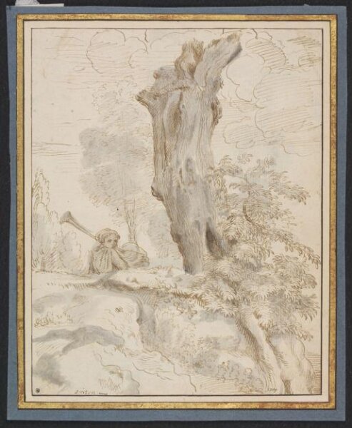 Unknown, A Man Playing a Bagpipe Walking Beside a Large Tree Trunk in a Landscape