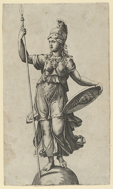 Marcantonio Raimondi, Pallas Athena standing on a globe, a spear in her left hand, a shield in her right