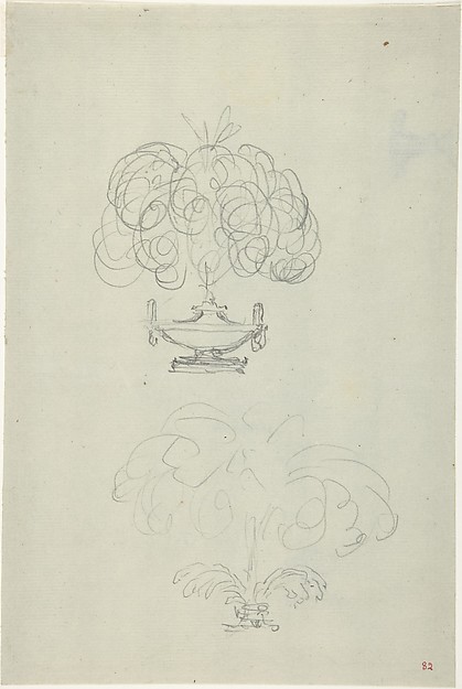 Anonymous, French, 18th century, Design for a Plumed Oil Lamp (recto); Sketches for a vase and oil lamp (verso)
