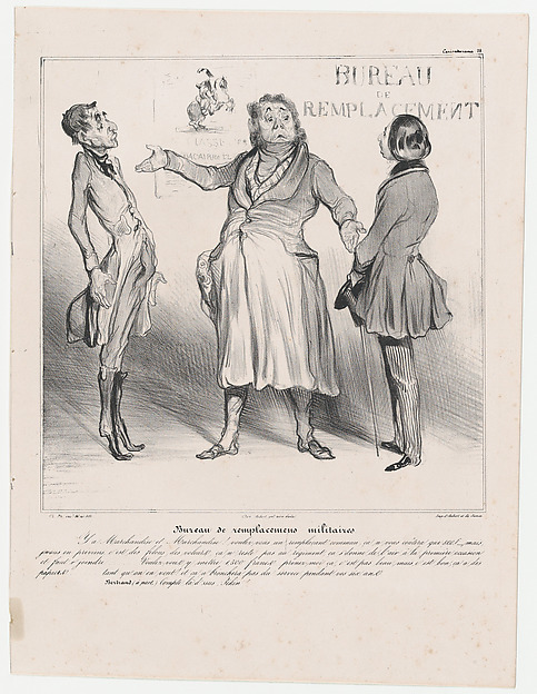 Honoré Daumier, Plate 28: Conscript replacement agency, from 'Caricaturana,' published in Les Robert Macaires
