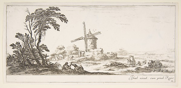 Stefano della Bella, Plate 10: a family in center foreground, various figures and horses in middleground, a windmill in center background, from 'Various landscapes' (Divers paysages)