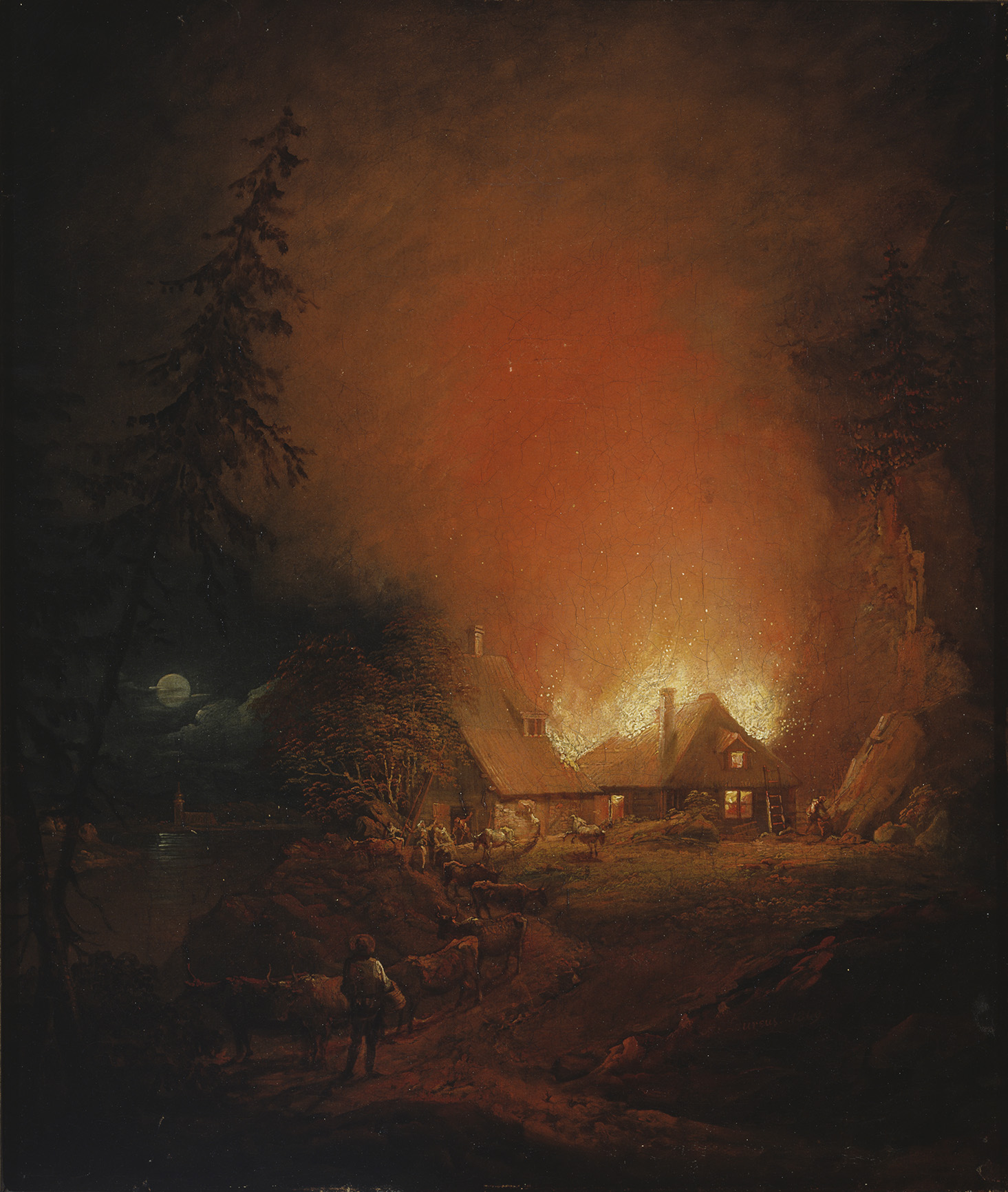 Aleksander Lauréus, Fire at night in a farmhouse