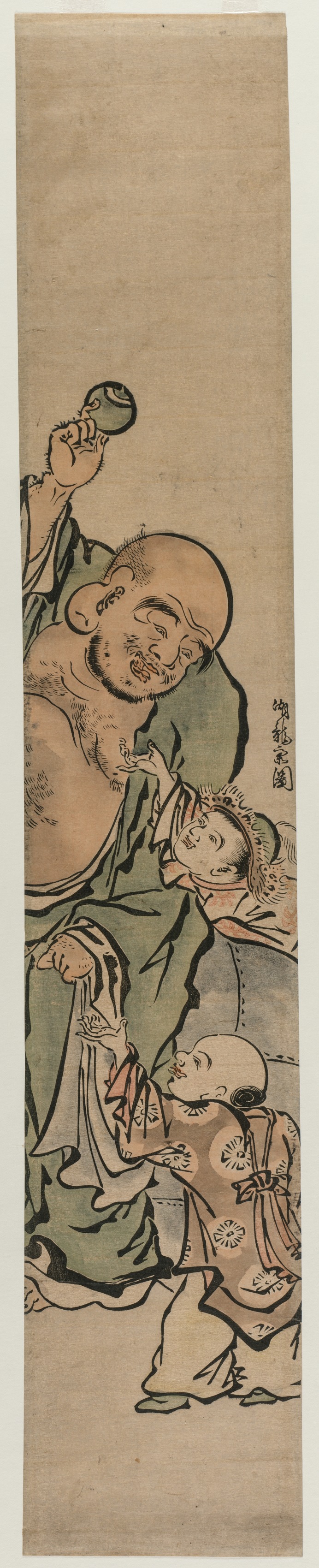 Isoda Koryūsai, Two Children Begging Hotei for a Jewel
