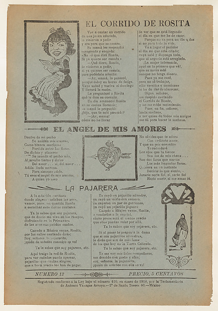 José Guadalupe Posada, Broadsheet featuring three love ballads with vignettes showing a woman reading, a woman's head in a heart pierced by an arrow and a woman walking