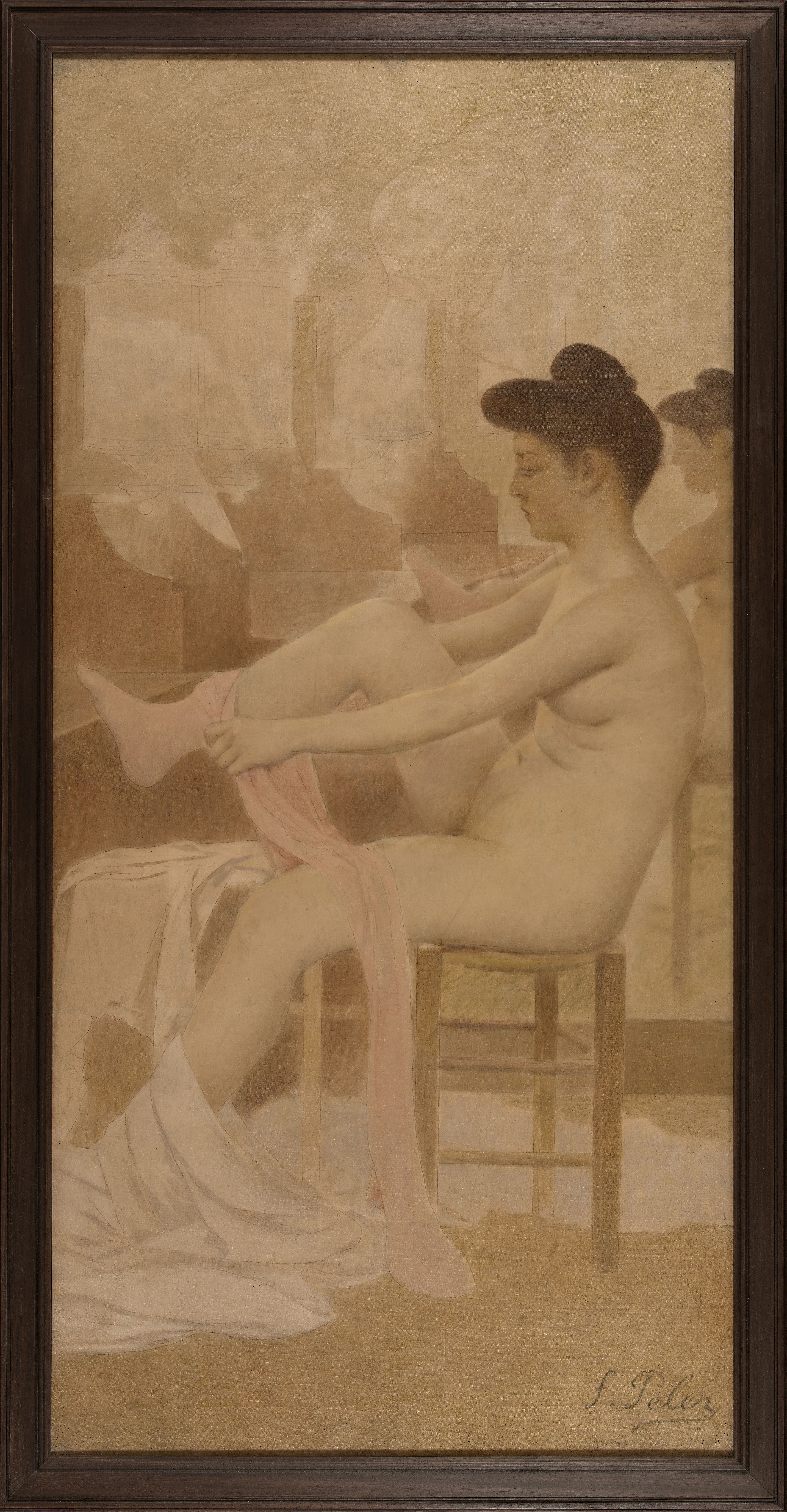 Fernand Pelez, Danseuse dans sa loge enfilant un collant