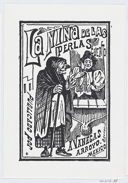 José Guadalupe Posada, A woman crying with a handkerchief in her hand talking to an old hag, illustration for 'La Niña de las Perlas, published by Antonio Vanegas Arroyo