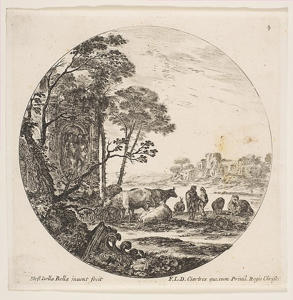 Stefano della Bella, A Corinthian capital on the ground at left, a monument with figures in low relief at left in the middleground, various animals and two shepherds at right, plate 4 from "Roman landscapes and ruins" (Paysages et ruines de Rome)