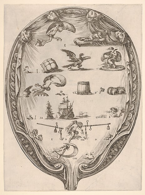Stefano della Bella, Rébus on the subject of fortune, a riddle depicted on drapery surrounded by a frame