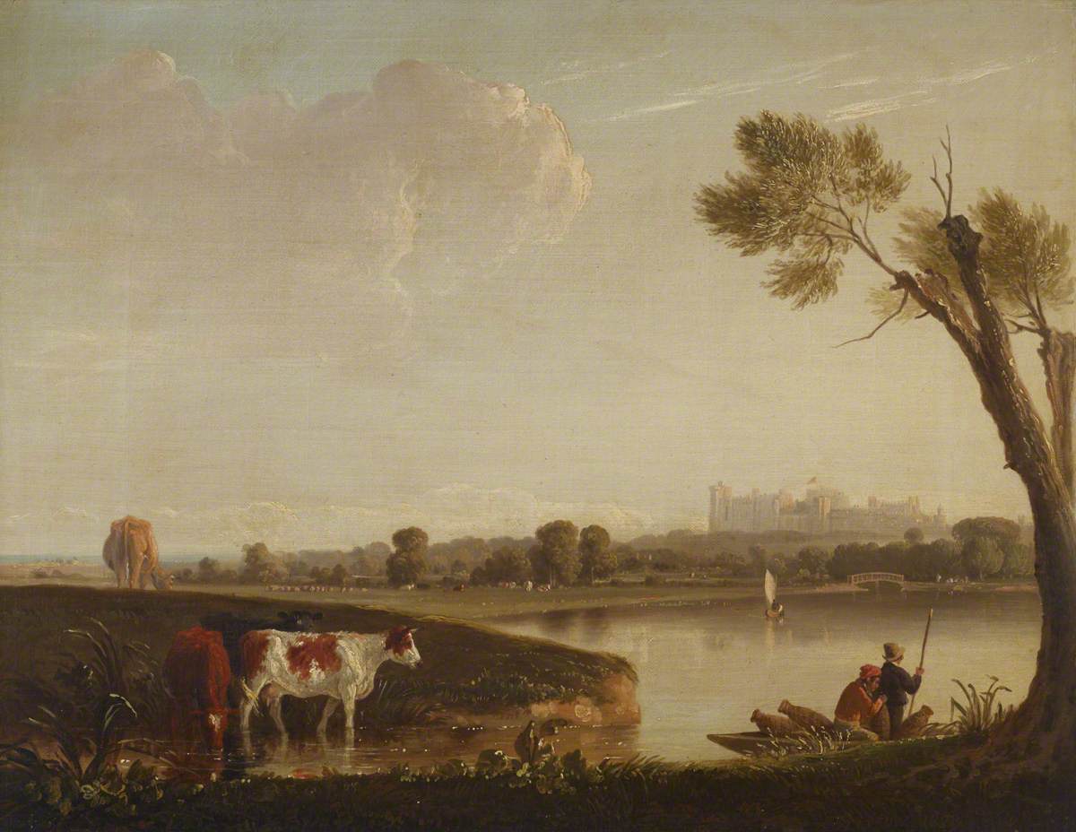 Edmund Bristow, View of Windsor Castle from the River with Cattle, and Two Men in a Boat