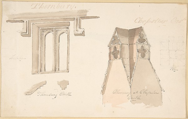 Anonymous, British, 19th century, Window at Tewkesbury. Chimney, Chepstow Castle; Bridge at Chepstow (verso)