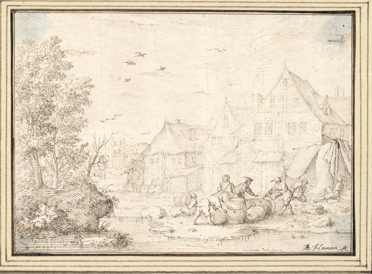 AlbertFlamen, Uferlandschaft mit Dorf, davor Männer mit Fässern (II-8)