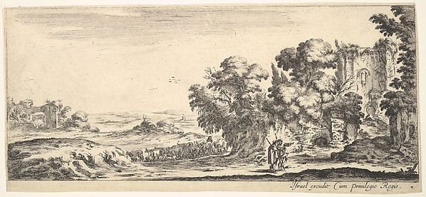 Stefano della Bella, Plate 4: two pilgrims observing ruins to right, one pointing towards the right, a shepherd and a herd of cattle in center background, from "Various Landscapes" (Divers Paysages)