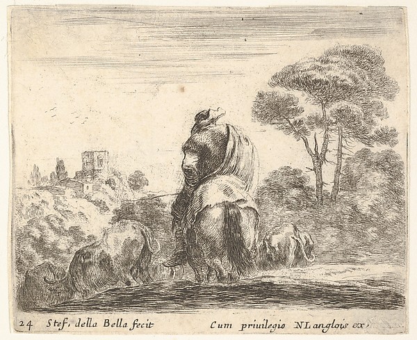 Stefano della Bella, Plate 24: herdsman atop a horse, seen from behind, leads his cattle down a hill, a tower on a hill to left in the background, from "Diversi Capricci"
