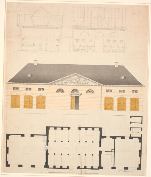 Nicolai Abildgaard, Plan, opstalt og snit af en staldbygning, sandsynligvis til Constantin Bruns gård