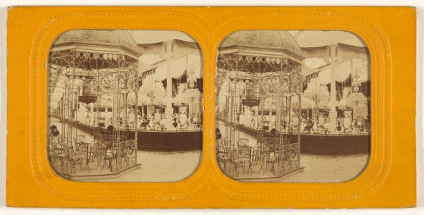 Unknown, [Interior of possibly the 1867 Paris Exposition displaying lighting fixtures]