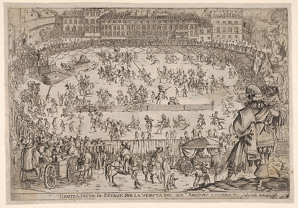 Stefano della Bella, Joust held in Florence for the arrival of the archduke of Austria, an oval arena with many horsemen and pedestrians, spectators in carriages in the foreground, a row of houses at center in the background, from "Combattimento e balletto a cavallo"