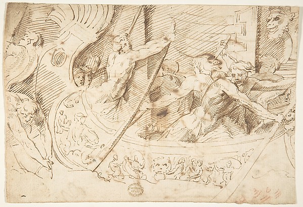 Anonymous, Italian, 16th century, Naval Battle (recto); Forest with Angel (verso)