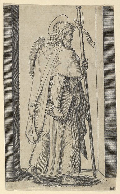 Marcantonio Raimondi, Saint James Major, book is his right hand, staff in his left facing right, from "Piccoli Santi" (Small Saints)