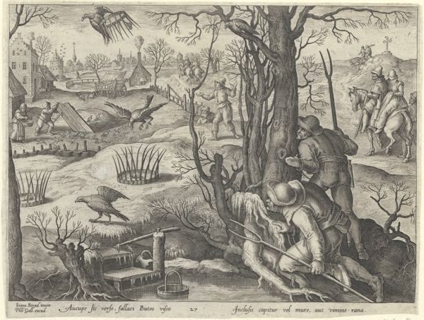 Galle, Philippe, (1537-1612), (printmaker), The hunting parties: Buzzard hunt with traps in winter