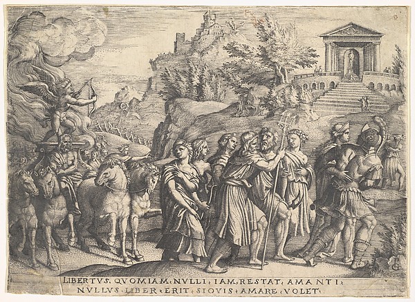 Georg Pencz, Triumph of Love: four horses draw a carriage with Cupid standing upon a smoking platform, preceded by gods and goddesses on foot, a temple with gabled pediment at crest of hill beyond, from "The Triumphs of Petrarch"