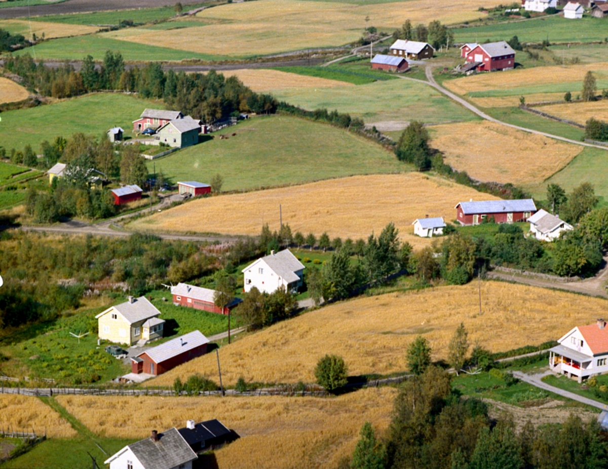 Widerøes Flyveselskap A/S, Flyfoto, Vestmo, Løten. Bjørnstad vestre, Østlund, Østgård, Løvhaugen og Heggelund. Dette er bebyggelsen rett vest for Bjørnstadkrysset.