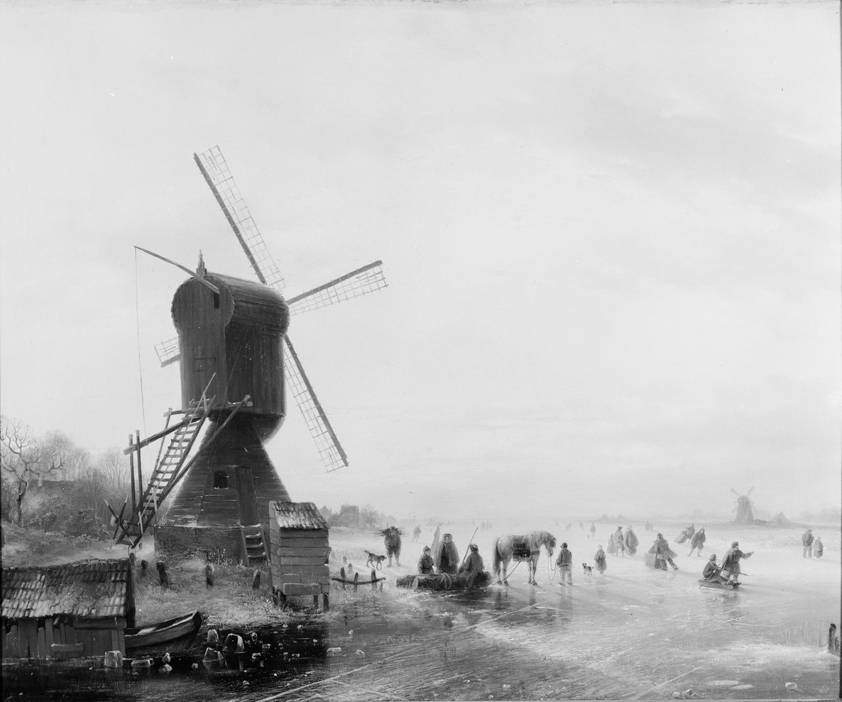 Charles Leickert, Windmolen aan een bevroren waterweg met schaatsers