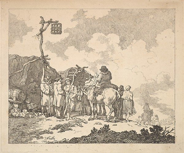 Thomas Rowlandson, A Fair – A Group of Gypsies – Men and Women in Rustic Clothes in Front of Two Makeshift Tents