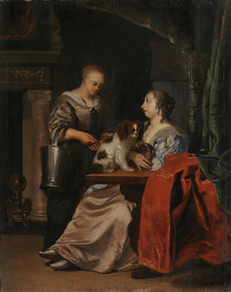 Pieter van der Werff, Interior with Two Ladies and Two Dogs