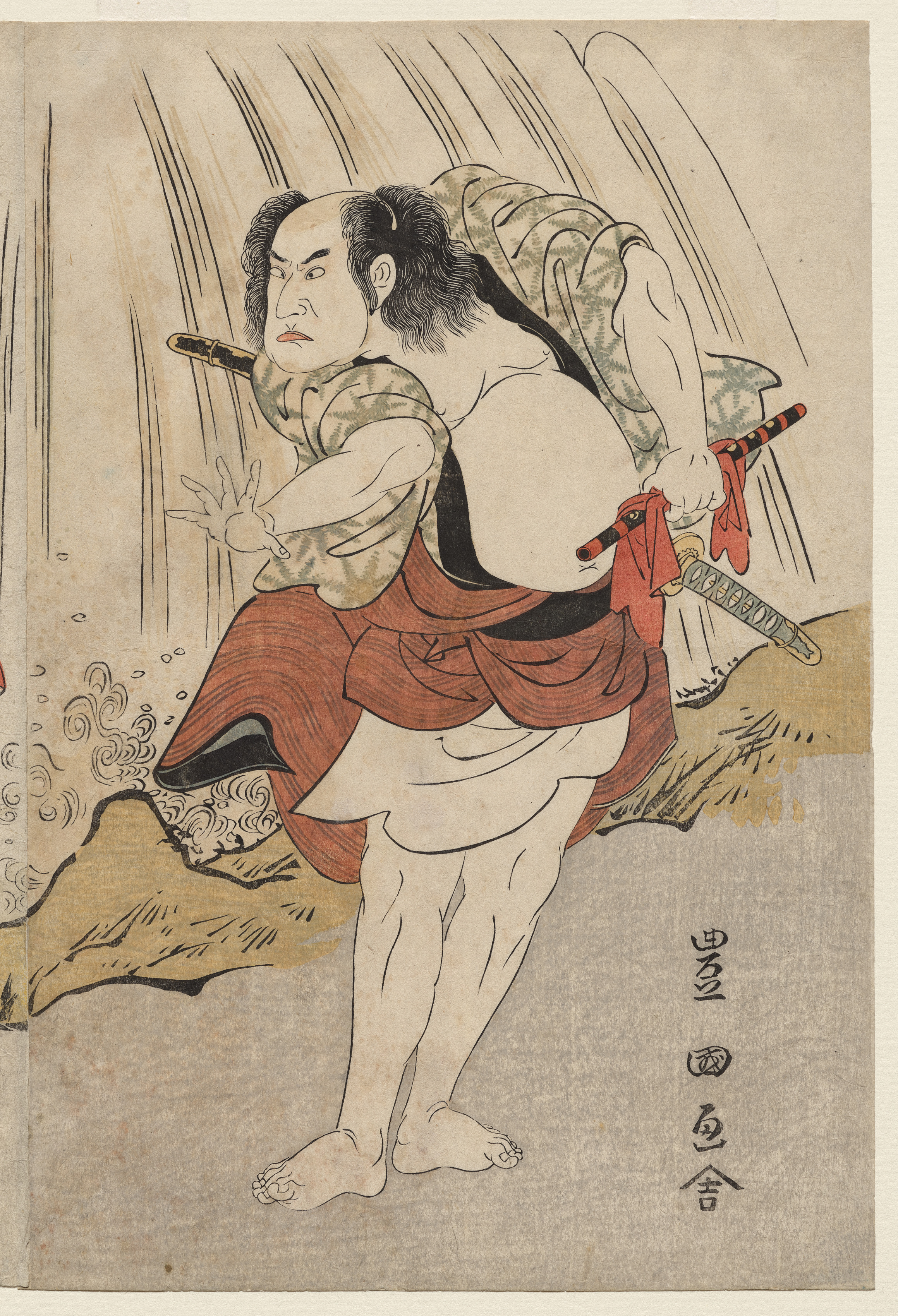 Utagawa Toyokuni, Kataoka Nizaemon VII and Ichikawa Yaozo III in a Confrontation Beside a Waterfall