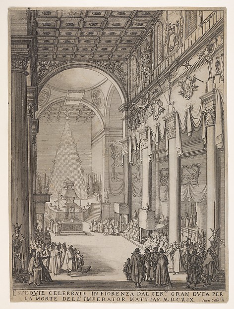 Jacques Callot, Catafalque of the Emperor Mathias with performance of funeral inside the Church of San Lorenzo, Florence