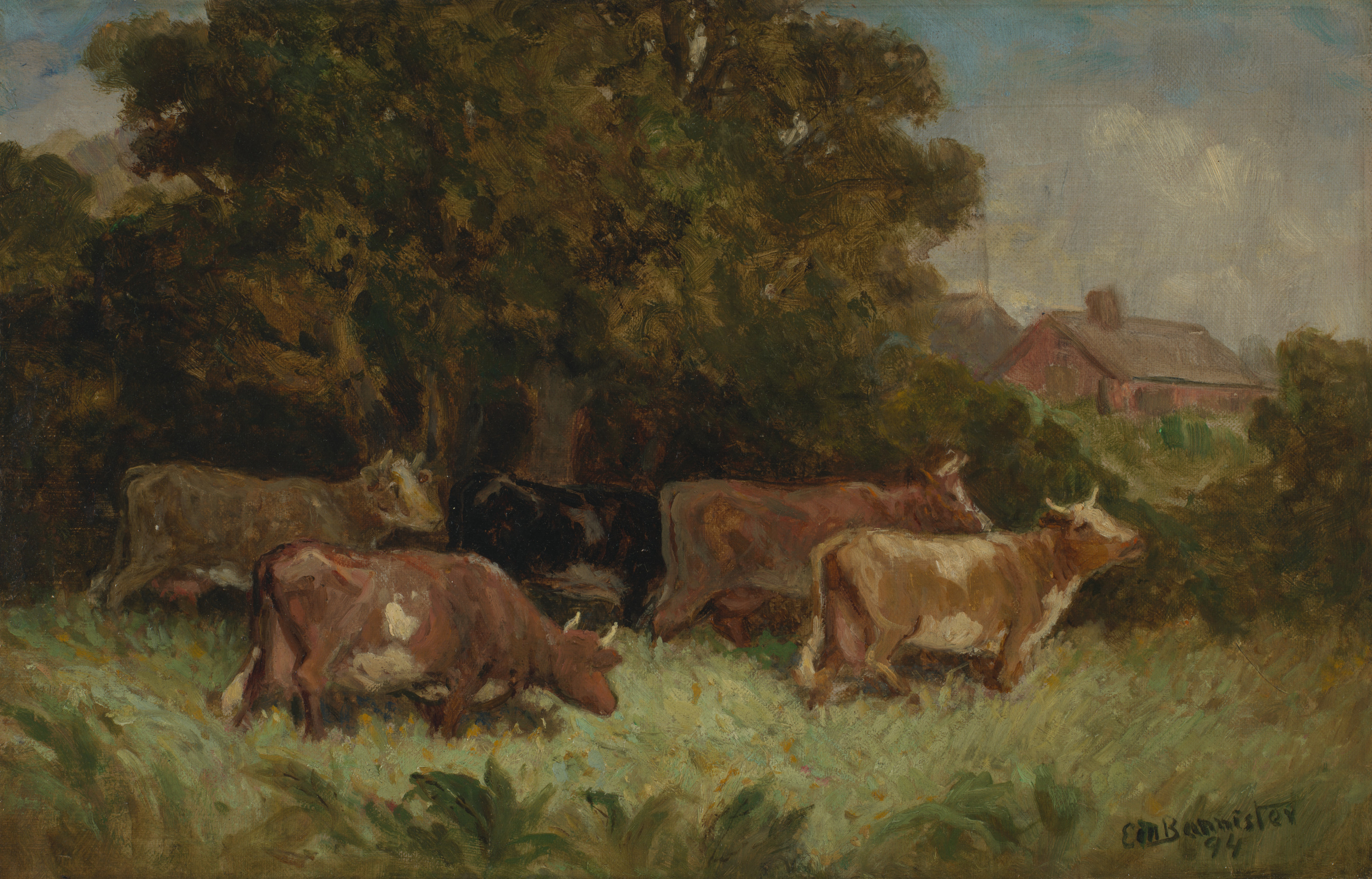 Edward Mitchell Bannister, Untitled (five cows in pasture, rooftop in background)
