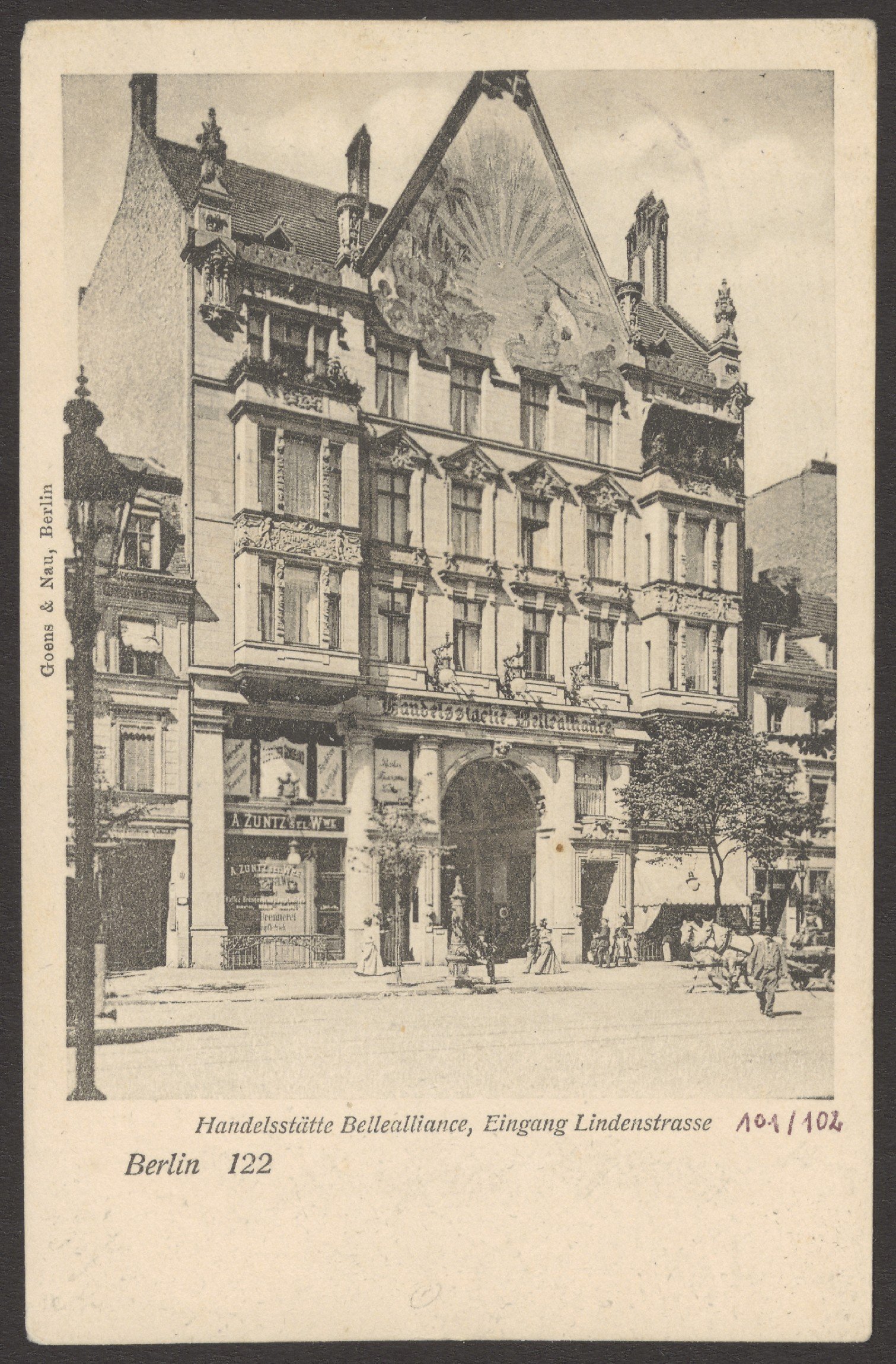 Goens & Nau (Verlag), Ansichtskarte Eingang der Handelsstätte "Belle Alliance", Lindenstraße 101-102
