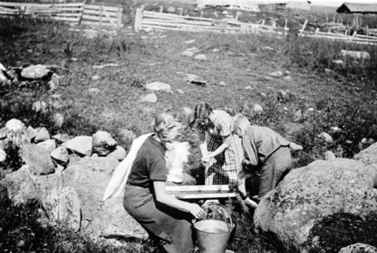 Anno Domkirkeodden, 2 unge jjenter og gutt med morgenvask i bekken ved Kvarstadsetra, Ringsakerfjellet. Rør store, Ringsaker.