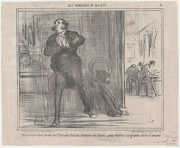 Honoré Daumier, Maître Galoubet, avoué de 1re. instance, faisant attendre ses clients, pour répéter sa grande scène d'amour..., from Les Comédiens de Société, published in Le Charivari, April 29, 1858