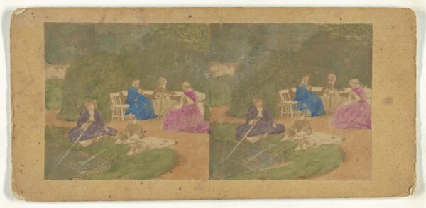 Unknown, [Children and woman playing at pond, other women seated at a table]