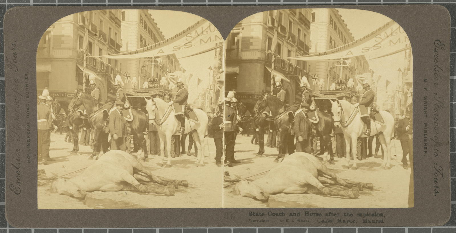 Desconegut, State Coach and Horse after the explosion. Calle Mayor, Madrid. Wright M. E.