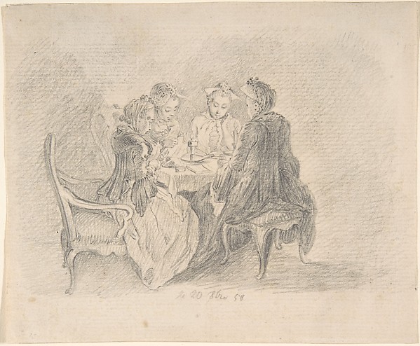 Daniel Nikolaus Chodowiecki, Four Ladies Sitting around a Table Occupied with Needlework, Reading, and Writing (recto); Study of a Woman with Needlework (verso)