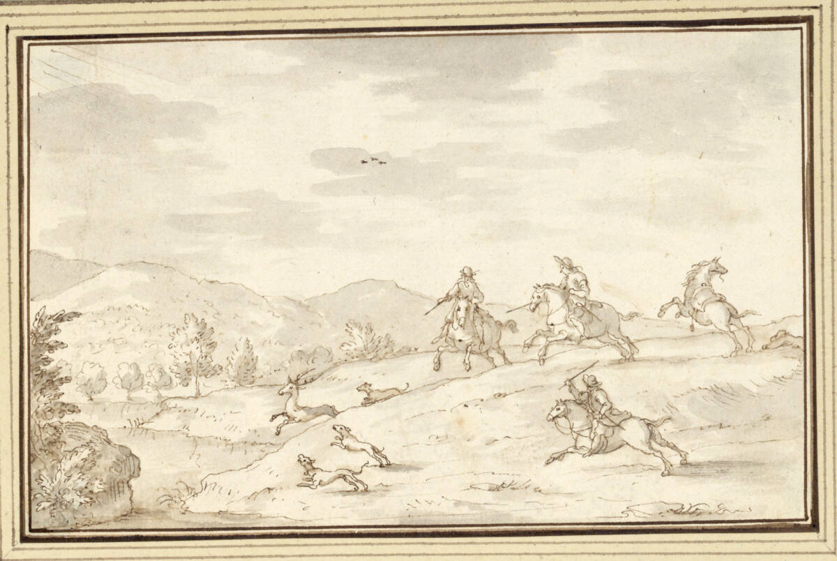 AlbertFlamen, Hirschjagd in hügeliger Landschaft (IV-25)