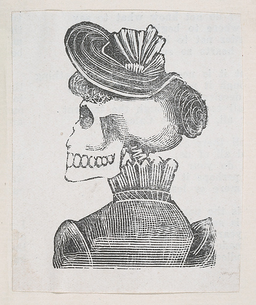 José Guadalupe Posada, A skeleton with her back turned wearing a coat and hat, from a broaside entitled 'La Calavera de Cupido', published by Antonio Vanegas Arroyo.