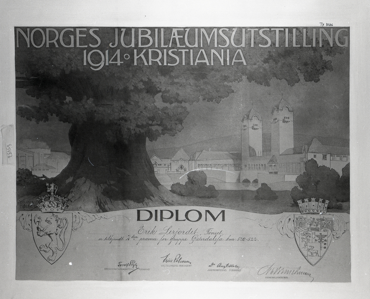 Ukjent, Diplom til Erik Lerjordet, Tønset, for Østerdalsfe. Fra jubileumsutstillingen i Kristiania1914.