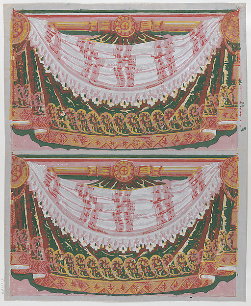 Anonymous, Sheet with two borders with a curved drapery against a curtain