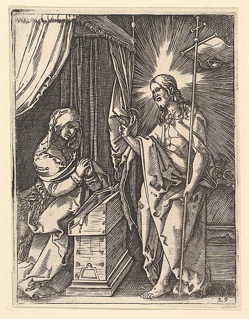Marcantonio Raimondi, Christ appearing to Mary who is kneeling in prayer, from "The Passion of Christ", after Dürer