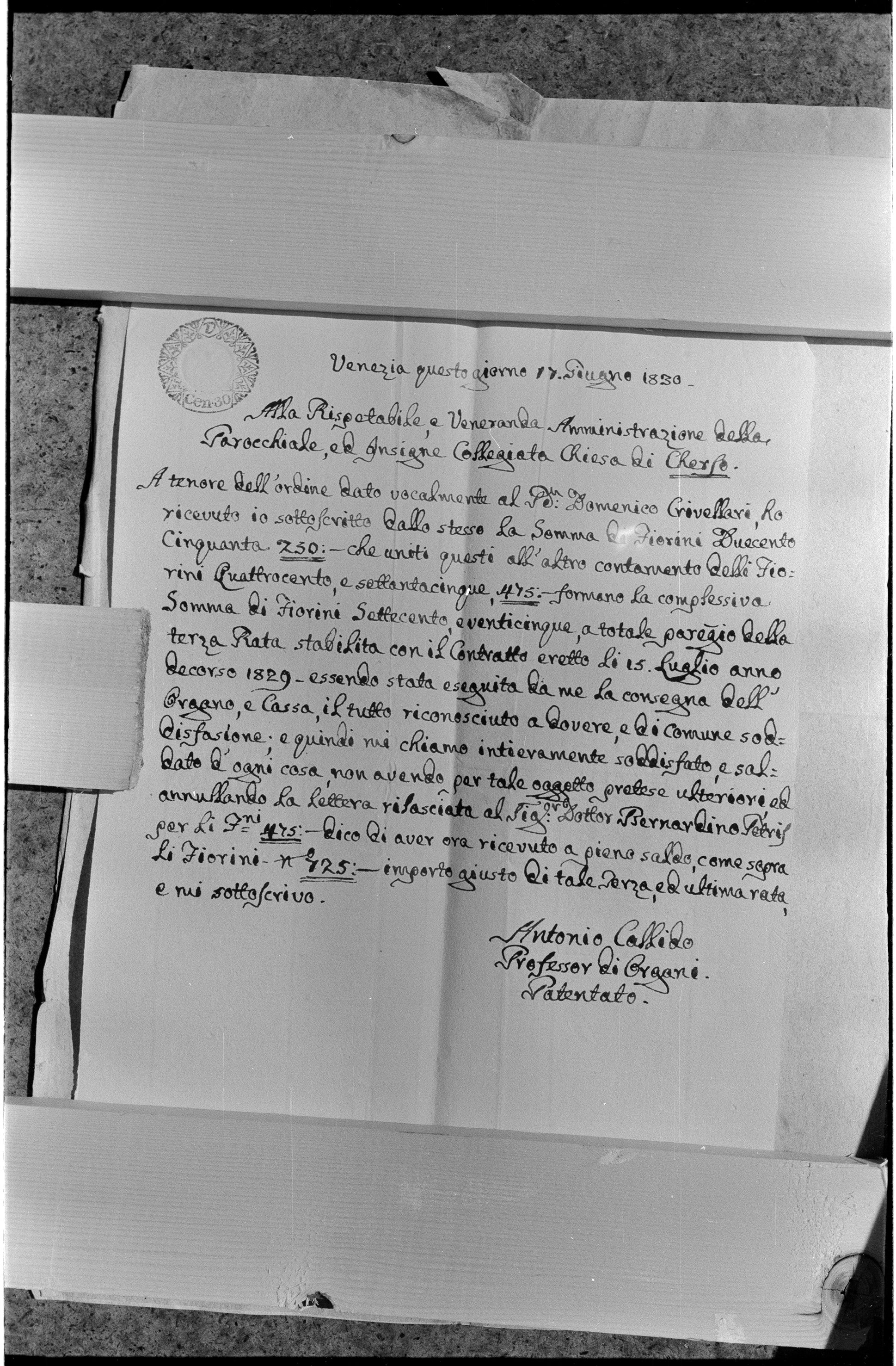 Ermin Armano, Cres (Mali Lošinj) - Arhiv katedrale - Prepiska s A. Callidom