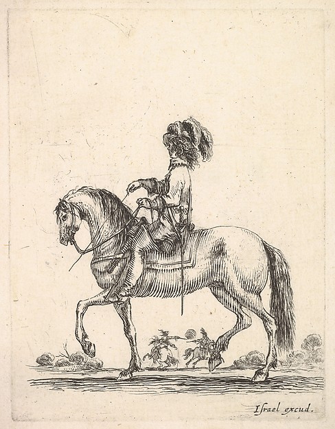 Stefano della Bella, A horseman in profile walking to the left, two horsemen duel with pistols in the background, from "Various cavalry exercises" (Diverses exercices de cavalerie)