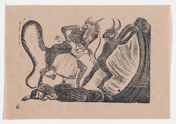 José Guadalupe Posada, Plate 6: Terrible fate of a young woman who after a calumny was snatched by the devil and dragged to hell