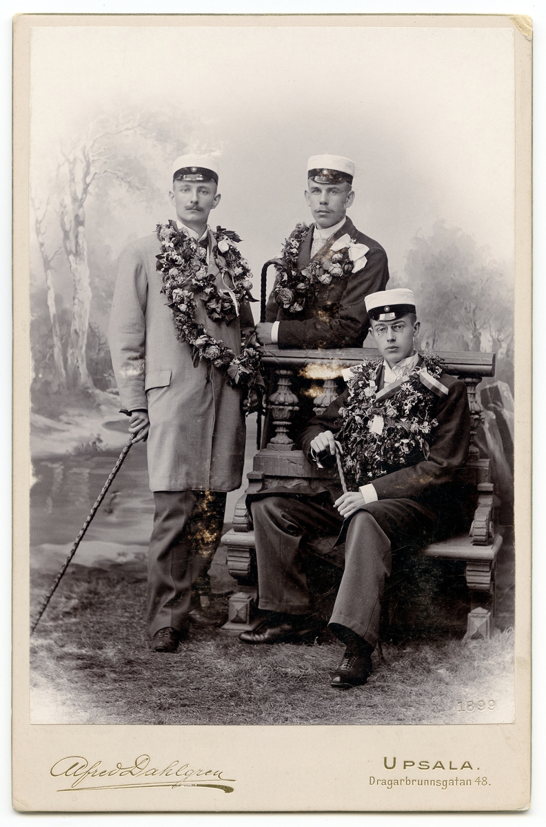 Alfred Dahlgren, Kabinettsfotografi - tre män iklädda studentmössor, med käpp och garnerade med blommor. Den ena sitter på bänk, övriga två står, Uppsala 1899