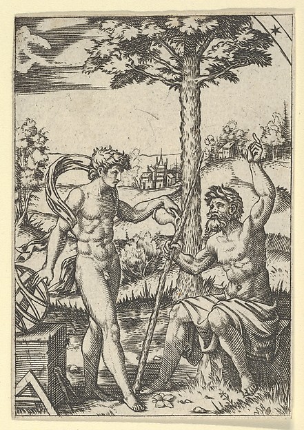 Anonymous, Seated old shepherd gesturing towards the sky and speaking to nude male surrounded by tools of measurement